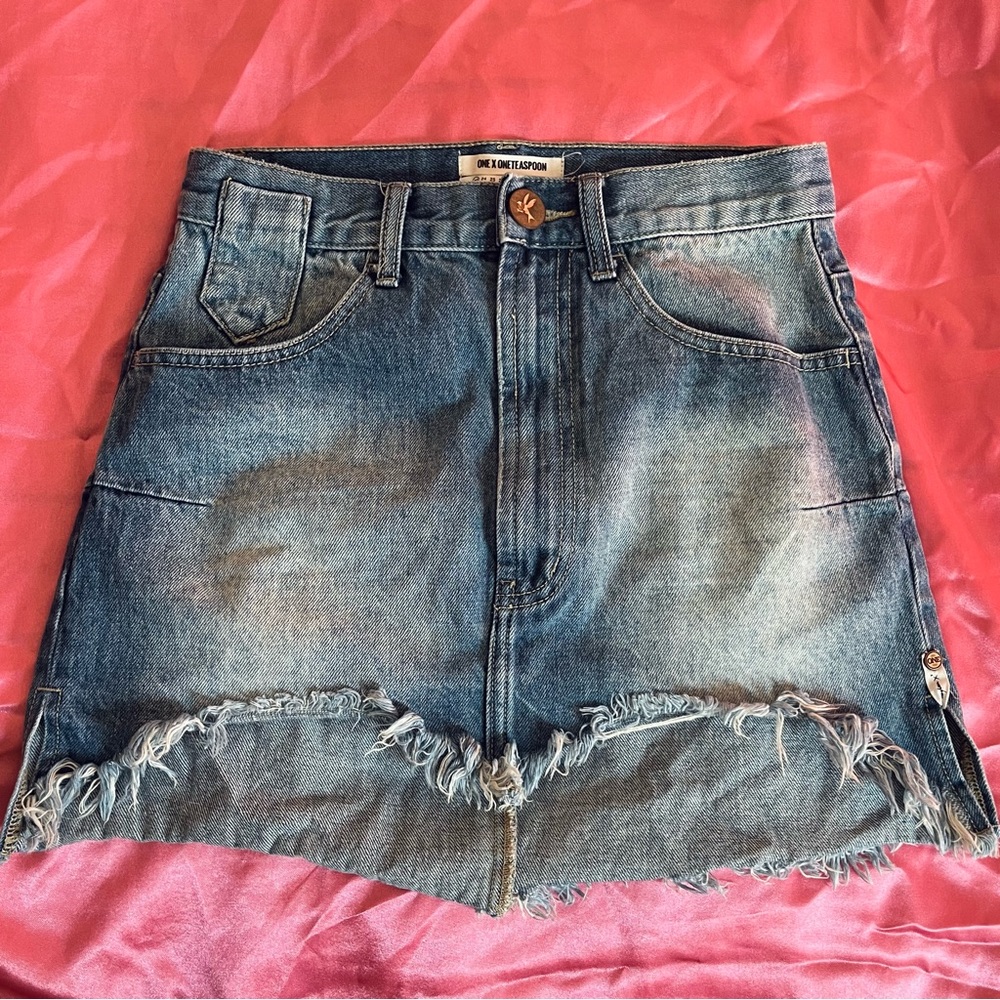 One Teaspoon Free People denim distressed mini skirt